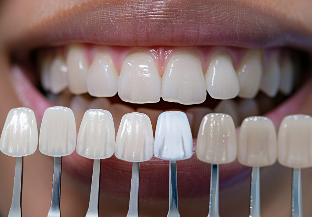 A doctor working on dental veneers in Paradise, NV and a woman is smiling and a color shade